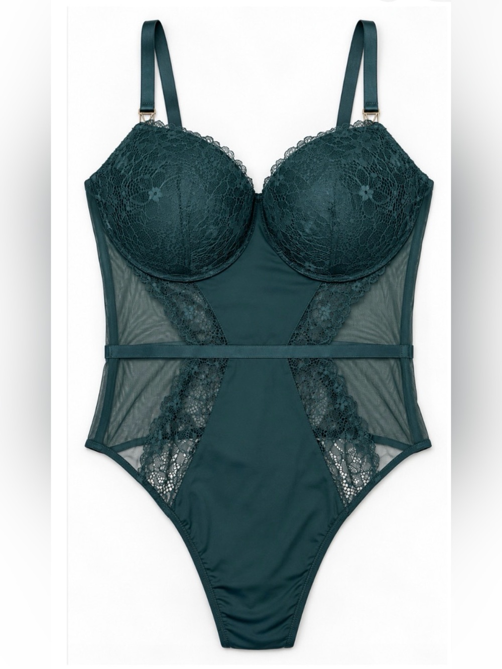 NEW VICTORIA'S SECRET GREEN LACE MESH CORSET TEDDY BODYSUIT BRA SZ XL